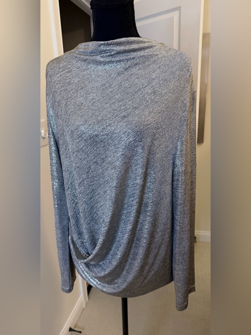 Clara Sun Woo Silver Metallic Draped Long-Sleeve Top